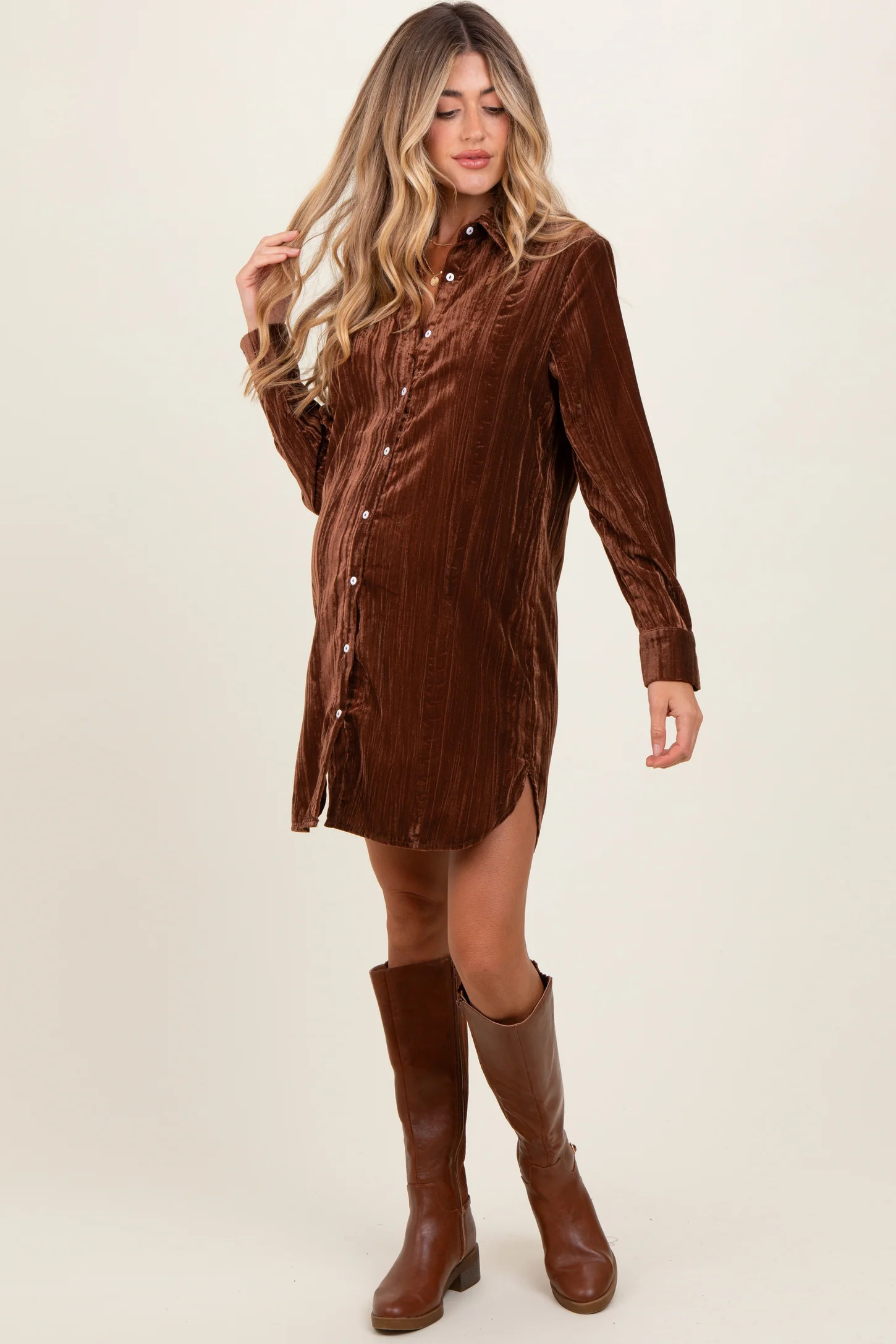 Brown Crinkled Velvet Button Down Maternity Shirt Dress | PinkBlush Maternity