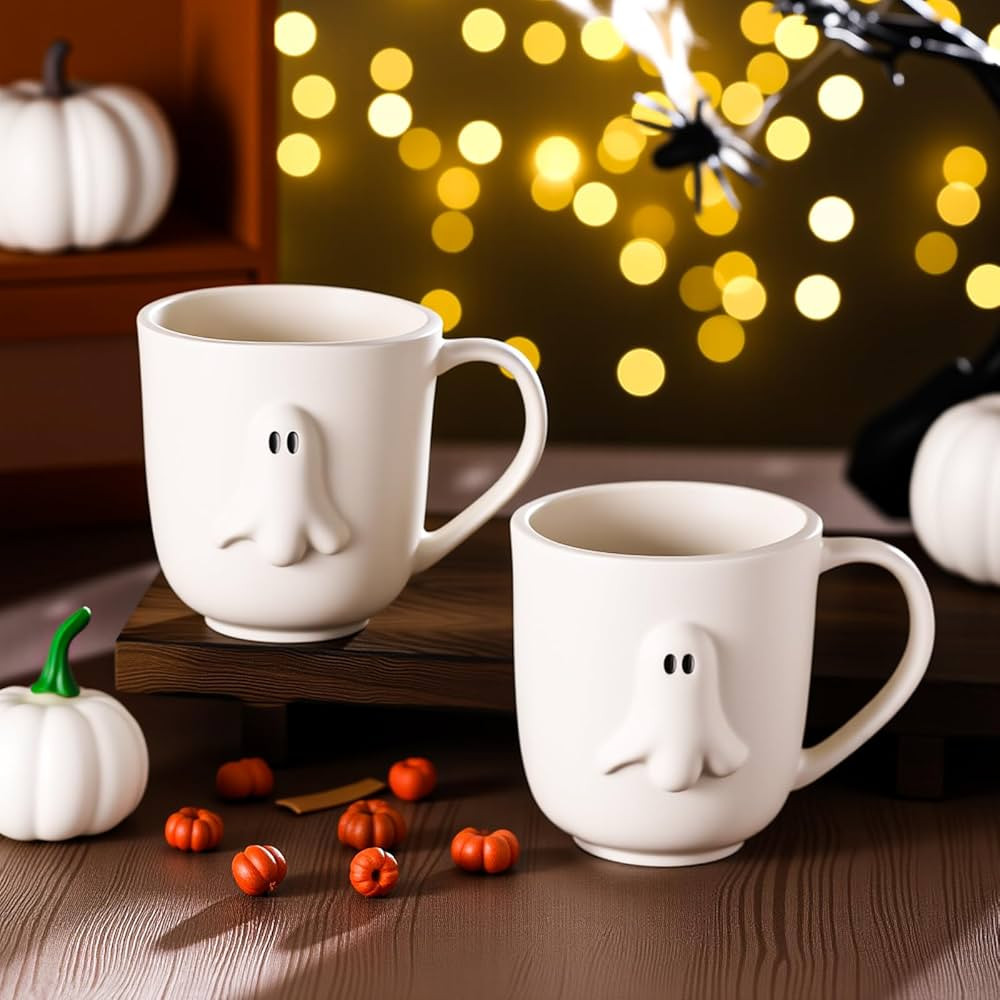 2 Pack 12 oz Halloween Ghost Coffee Mug Cute Ceramic Ghost Pattern Ghostface Mug Coffee Cup White... | Amazon (US)