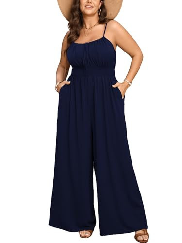 SCOMCHIC Women's Plus Size Jumpsuit Sleeveless Spaghetti Strap Womens Jumpsuits One Piece Wide Leg Summer Romper With Pockets | Amazon (US)