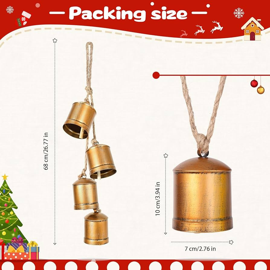 Christmas Bells, Vintage Christmas Cow Bells Decor, Set of 4 Large Rustic Gold Christmas Cowbells... | Amazon (US)
