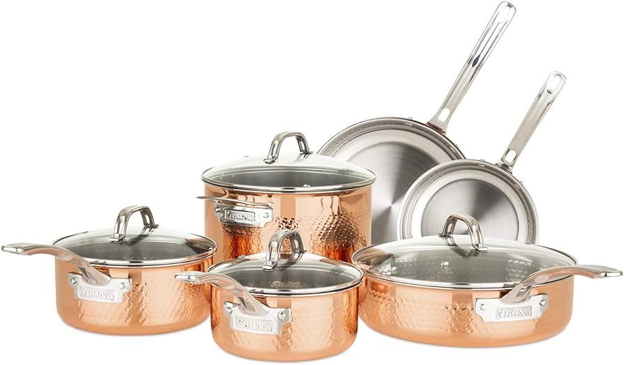 Viking Culinary 3-Ply Stainless Steel Hammered Copper Clad Cookware Set, 10 Piece, Oven Safe, Wor... | Amazon (US)