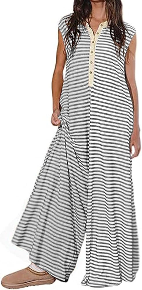 CHARTOU Loose Striped Wide Leg Jumpsuit for Women Summer Romper Flowy Pants Comfy Sleeveless Butt... | Amazon (US)