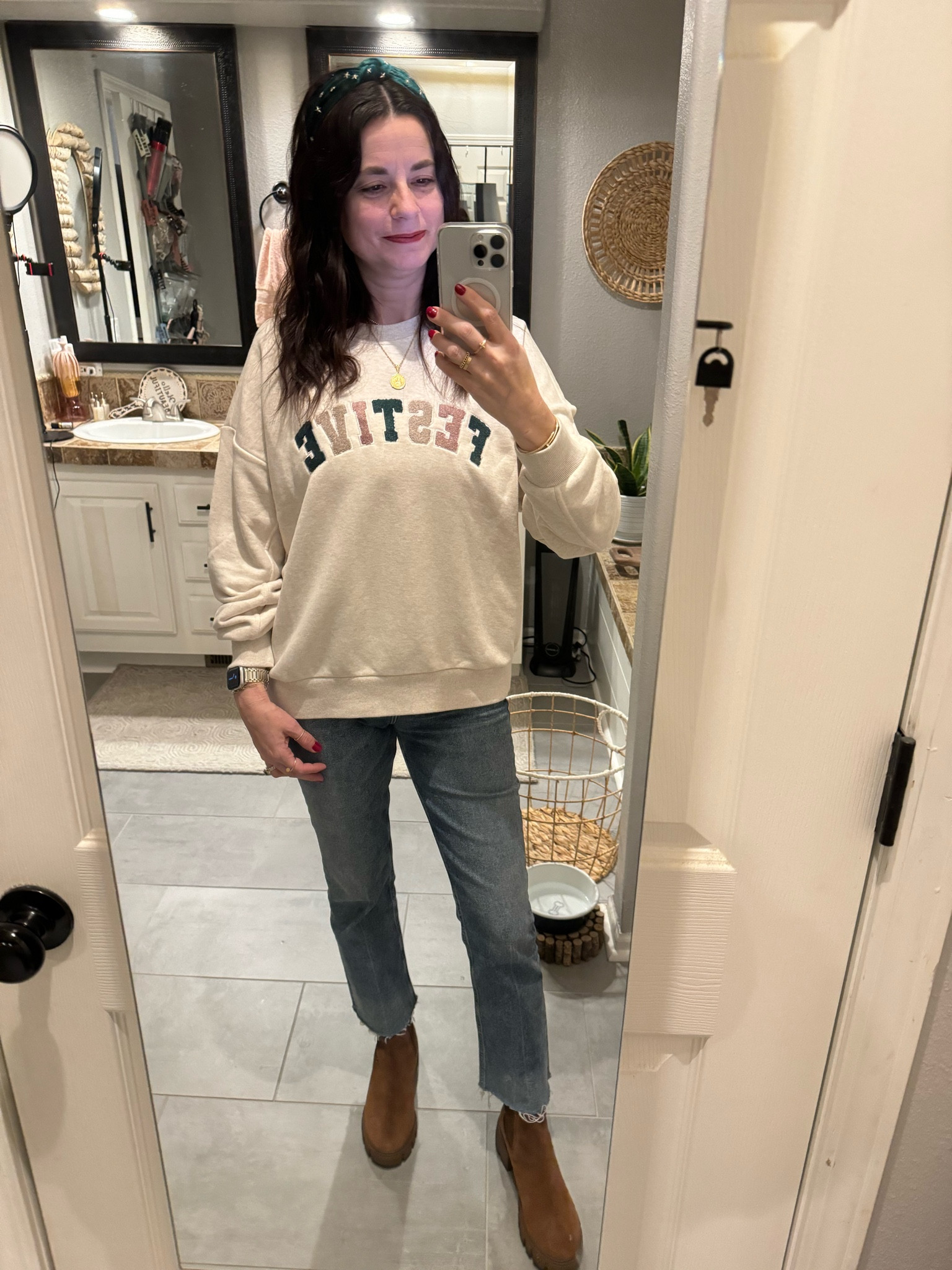 This outfit is so cute and incredible comfy!  I am loving this oversized sweatshirt with appliquéd letters on it.  Boots are on clearance, fit TTS, and are extremely comfortable to walk in!

#LTKfindsunder100 #LTKsalealert #LTKHoliday