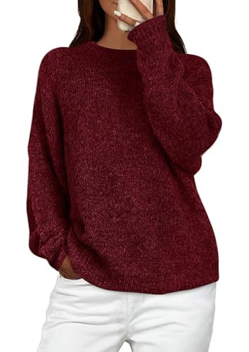 PRETTYGARDEN Womens Fall Long Sleeve Sweater Crew Neck Fuzzy Loose Fit Chunky Knit Oversized Pullover Sweaters Going Out Tops (Wine Red,X-Large) | Amazon (US)