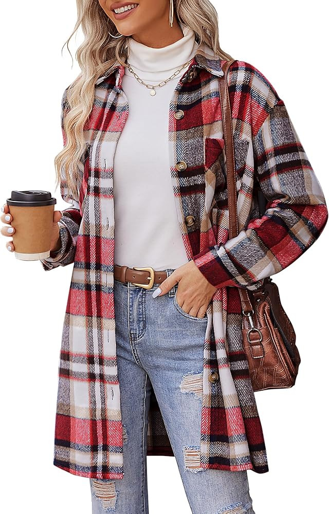 HOTOUCH Womens Flannel Plaid Shacket Jacket Casual Lapel Button Down Tartan Trench Coat Long Sleeve  | Amazon (US)