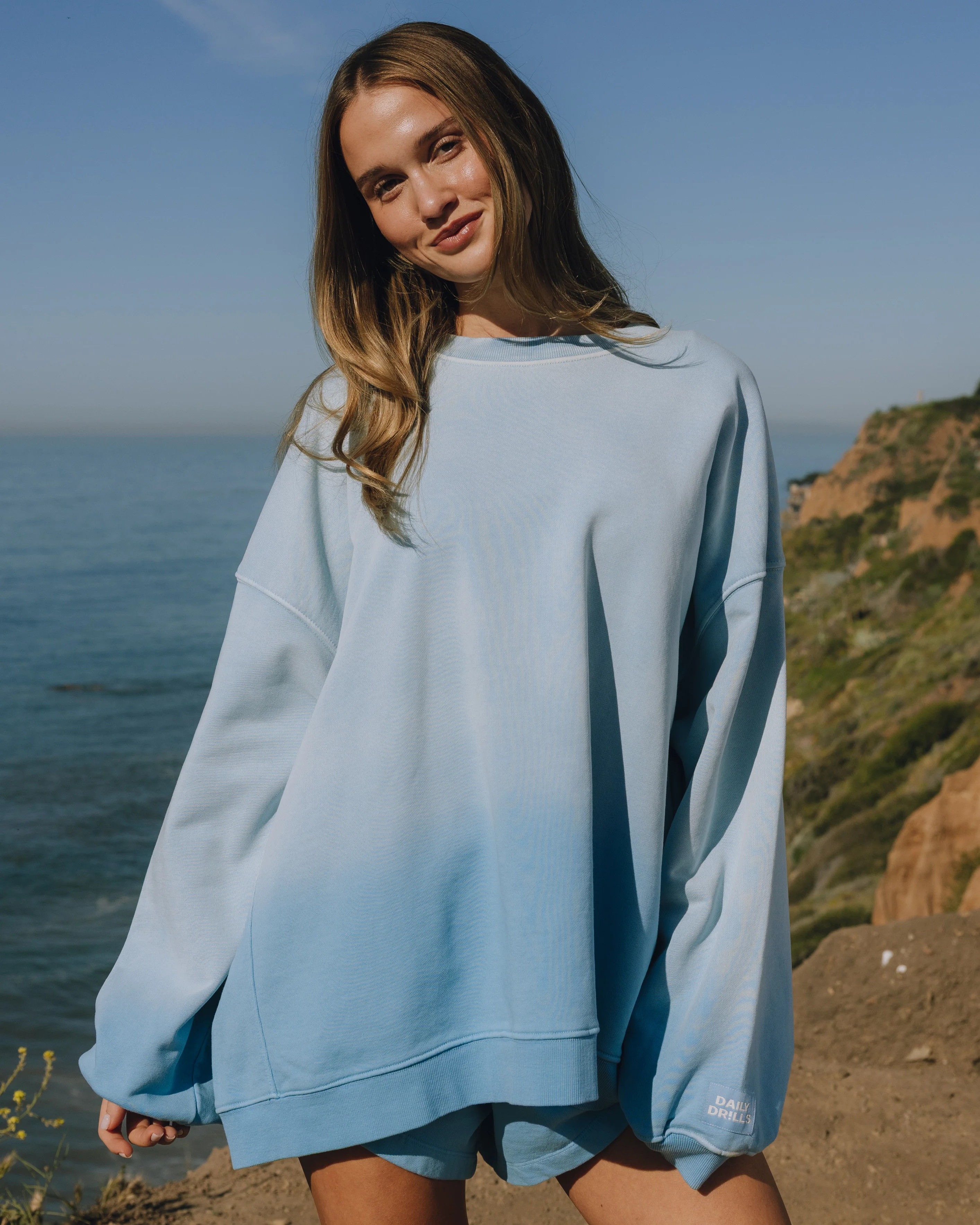 Unisex Oversized Crew - Sunsoaked Malibu with Monochrome Patch | Daily Drills LLC