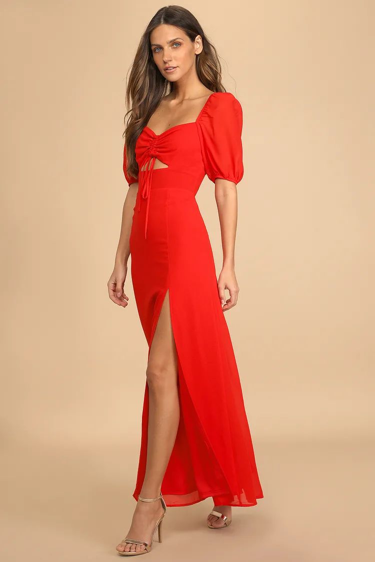 True Romantic Red Ruched Puff Sleeve Maxi Dress | Lulus (US)
