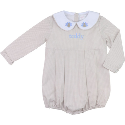 Khaki Gingham Embroidered Turkey Bubble | Cecil and Lou