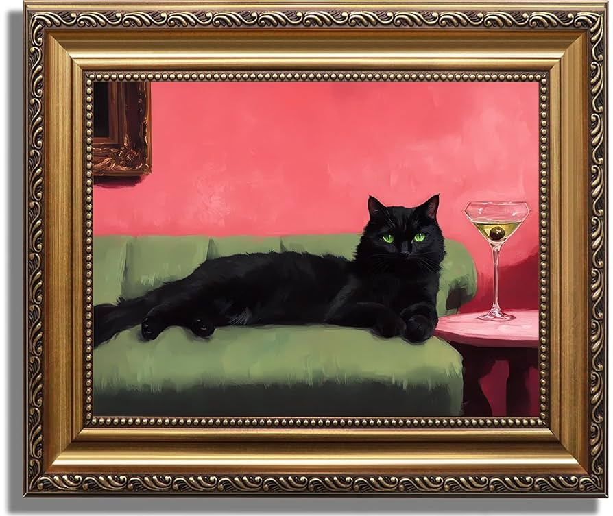 ASTRDECOR Framed Canvas Wall Art, Black Cat Lounging on Sofa Painting, Funny cat with Martini Art... | Amazon (US)