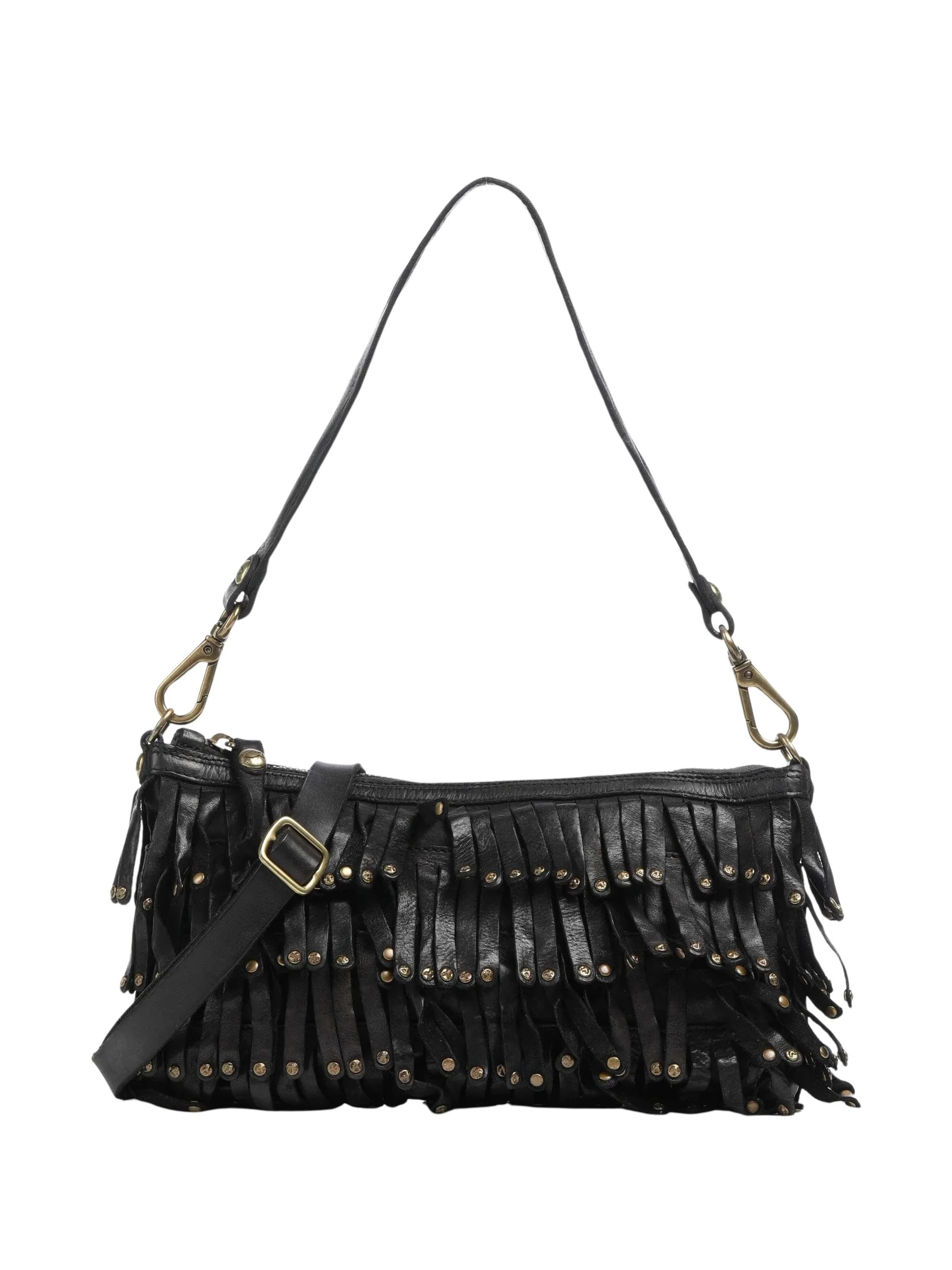 Fringed Leather Shoulder Bag With Adjustable Strap And Gold Accents | Shop Simon