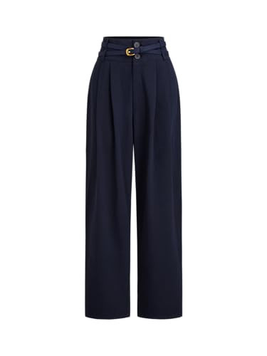 CIDER Wide Leg Pants Women, Business Casual Pleated Pocket Belted Mid Waist Tapered Trousers Cotton Pants Dark Navy | Amazon (US)