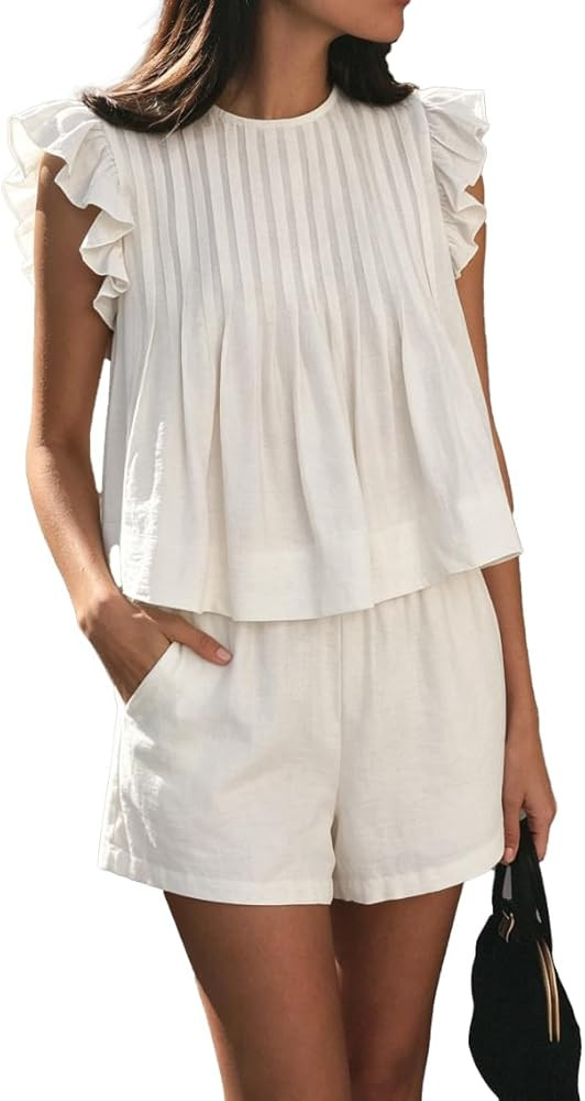 Women Ruffle Sleeve Pleated Tops And Shorts Set Cotton 2 Piece Sets | Amazon (US)
