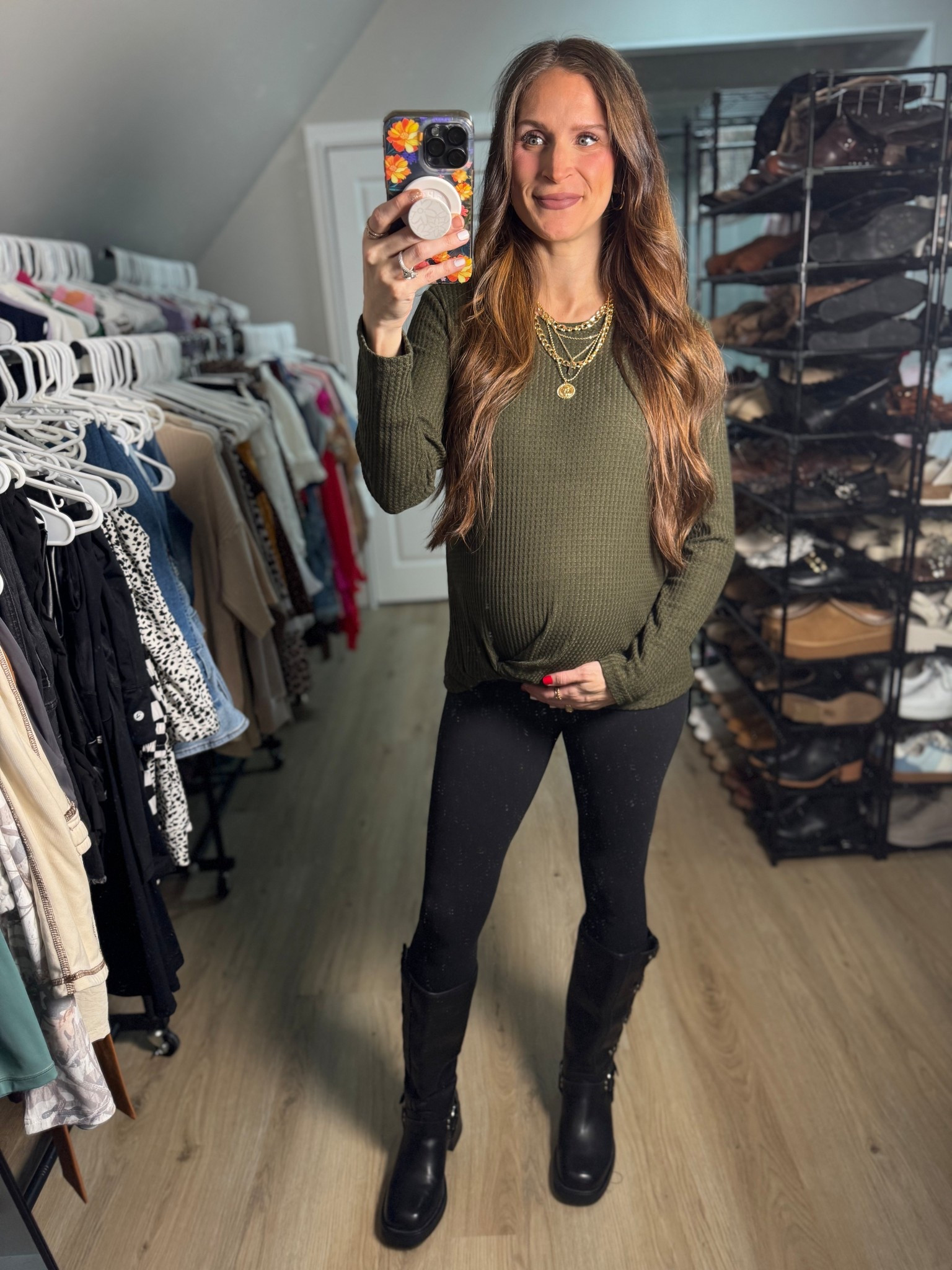 Bump friendly Christmas OOTD! Wearing a small top & leggings. Moto boots run TTS.

#LTKootd #LTKBump #LTKHoliday