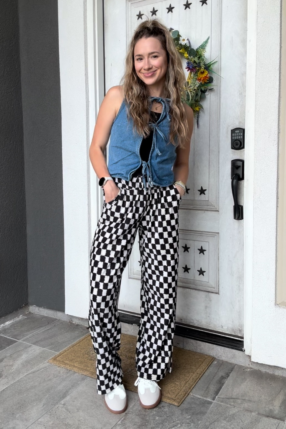 Fall outfit when it’s still hot outside 
Checkered pants with denim front tie top 
Pants: small
Top: medium

#LTKHalloween #LTKStyleTip #LTKSaleAlert