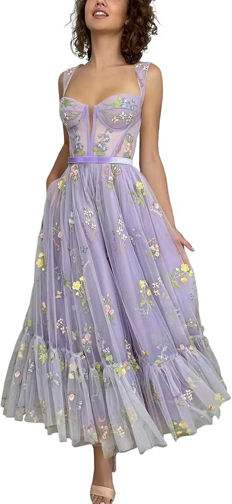 Loyeloy Women's Flower Embroidery Tulle Prom Dresses Corset 2024 Sweetheart Tea Length Formal Eve... | Amazon (US)