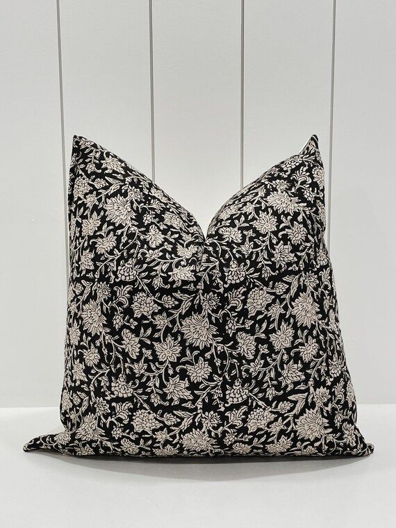 CHALET || Black Floral block print pillow cover | Etsy (US)