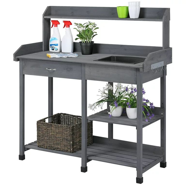 Topeakmart Potting Bench Table with Removable Sink Drawer Shelves for Outdoor, Gray | Walmart (US)