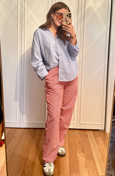 Spring outfit, spring ootd, spring work outfit, colorful outfit, teacher outfit, red striped pants, boxer pants, linen pants, button down shirt, retro sunglasses, watch, white sneaker, white tennis shoes 

#LTKshoecrush #LTKstyletip
