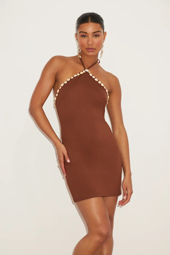 Azeneth Brown Shell Bodycon Halter Mini Dress | Lulus
