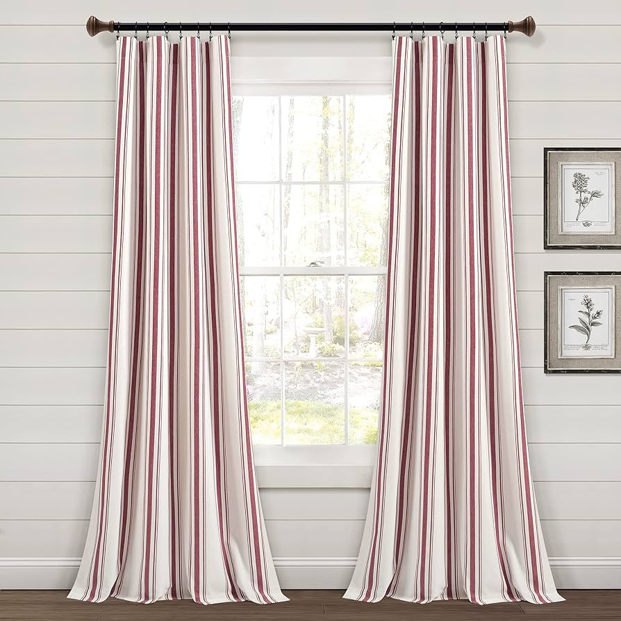 Lush Decor Farmhouse Stripe Yarn Dyed Cotton Window Curtain Panel Pair, 42" W x 84" L, Red - Clas... | Amazon (US)