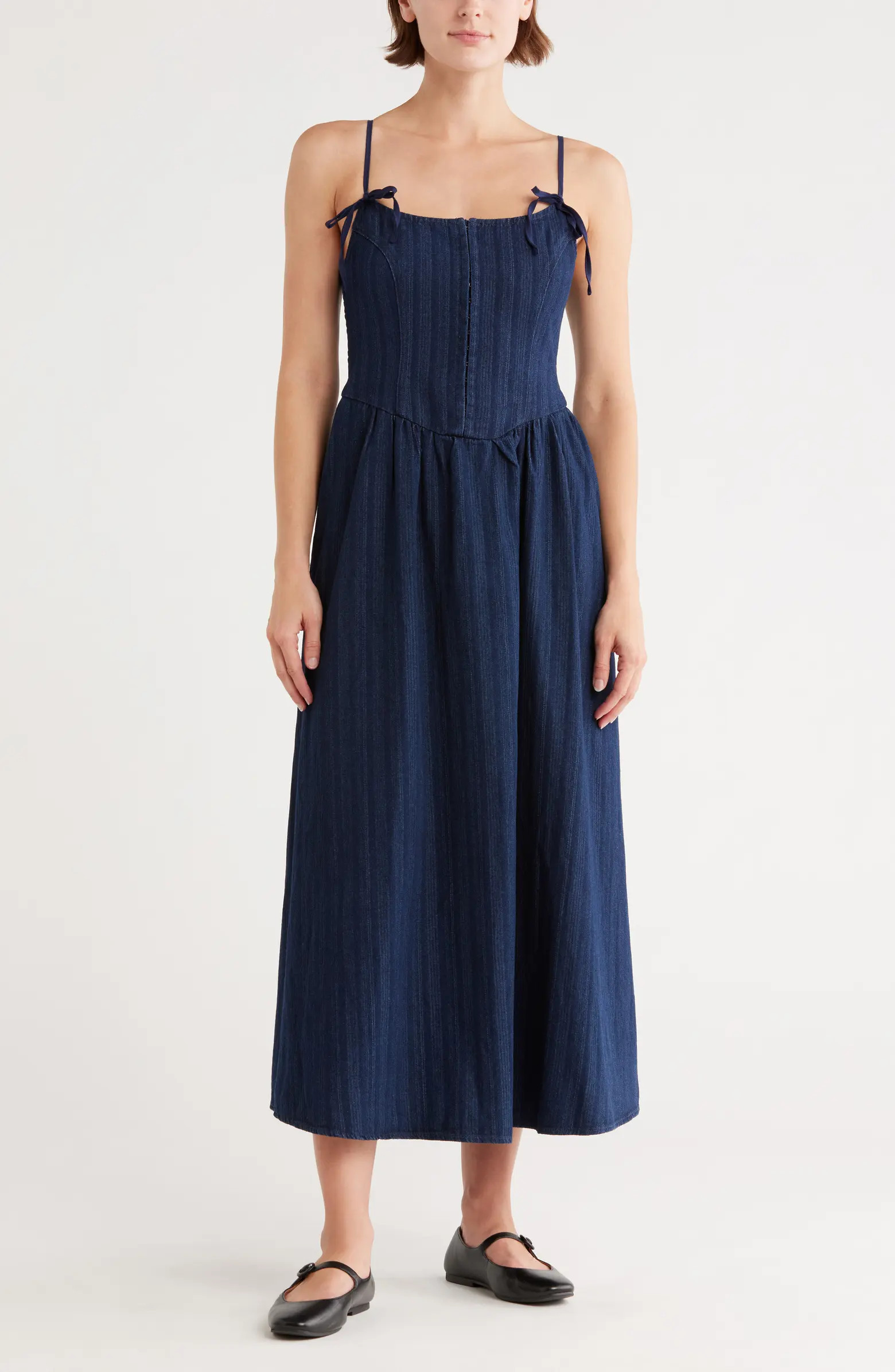 Blu Pepper Tie Strap Denim Fit & Flare Midi Dress | Nordstromrack | Nordstrom Rack