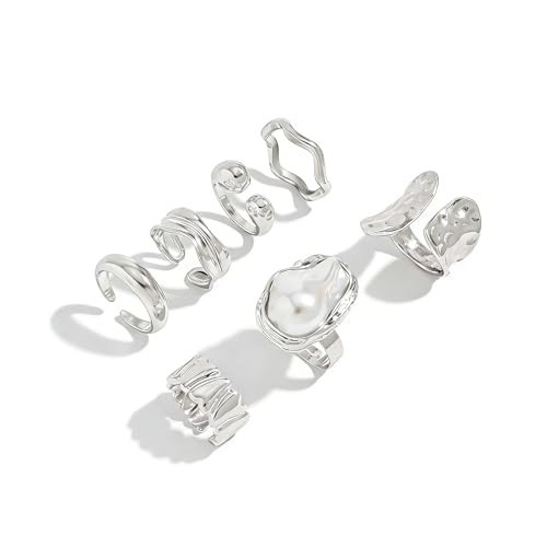cotwdi Chunky Silver Rings for Women Set Adjustable Thick Statement Rings for Women Irregular Gemstone Stacking Rings Silver Accessories Chunky Jewelry (Style 5) | Amazon (US)