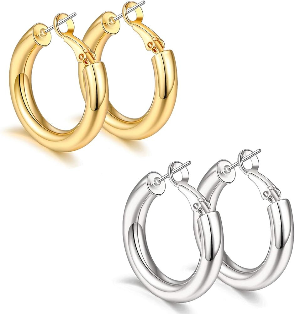 sovesi Chunky Gold Hoop Earrings for Women with 925 Sterling Silver Post, 14K Gold Plated Small T... | Amazon (US)