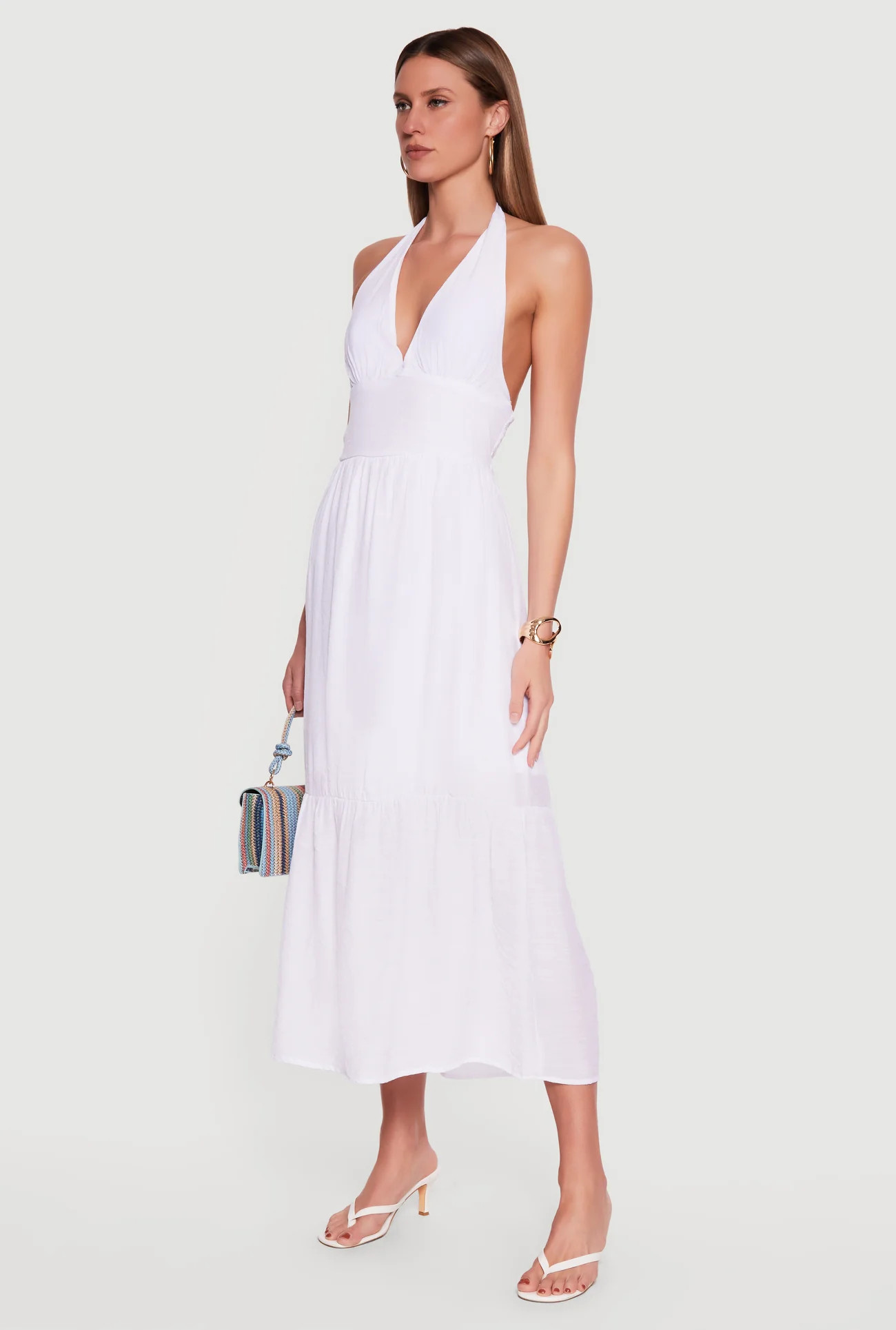 Plunge Tie Back Halter Neck Tiered Maxi Dress | Rainbow Shops