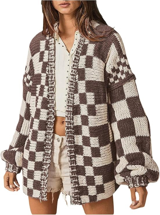 WDIRARA Women's Checkered Plaid Open Front Cardigan Sweaters Long Sleeve Knit Outerwear | Amazon (US)