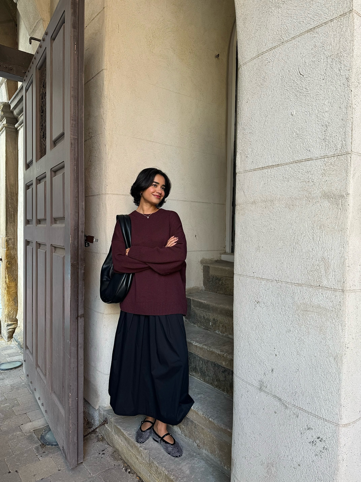 Charles & Keith  black hobo bag and black and silver sequin/diamanté ballet flats, autumn outfit inspo, fall fashion, classy autumn look, burgundy, maroon, wine, jumper 

#LTKuk #LTKeurope #LTKautumn