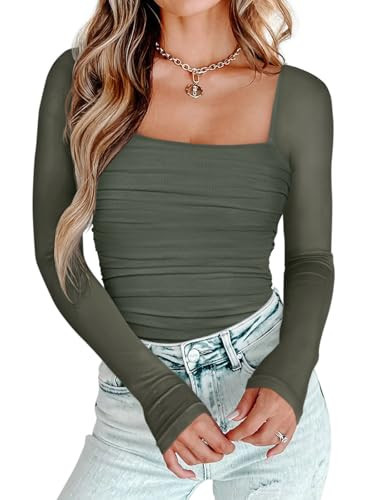 PINKMSTYLE Sexy Mesh Long Sleeve Bodysuit for Women Sexy Top Date Night Outfit, Concert Tops, Going Out Outfits Green Grey | Amazon (US)