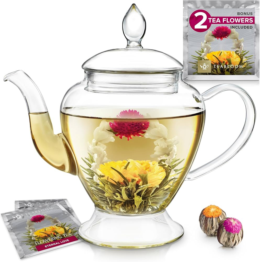 Teabloom Le Bouquet Glass Teapot with Two Gourmet Blooming Tea Flowers - 34 Oz /1 L Capacity (Up ... | Amazon (US)