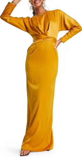 ASOS DESIGN Twist Front Long Sleeve Stretch Satin Gown | Nordstrom | Nordstrom