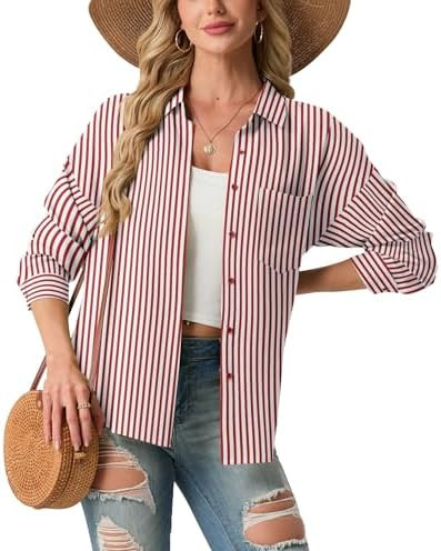 Mintreus Womens Button Down Shirts Long Sleeve Work Blouses Collared Tops with Pocket | Amazon (US)