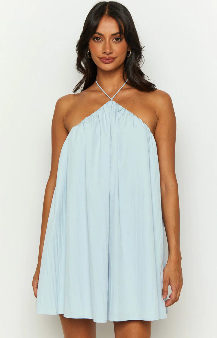 Talei Blue Halter Puff Mini Dress | Beginning Boutique (US)