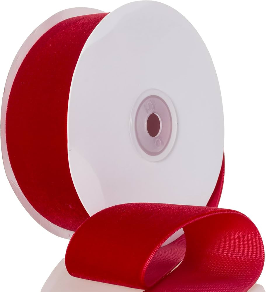 Red Velvet Ribbon - 1 1/2 Inch Wide, 10 Yards Roll - Festive Flocked Ribbon for Holiday Decor, Cr... | Amazon (US)
