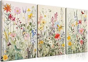 KISSFOX Framed Colorful Wildflower Canvas Wall Art Set Of 3 Flowers Pictures Prints Flowers Print... | Amazon (US)