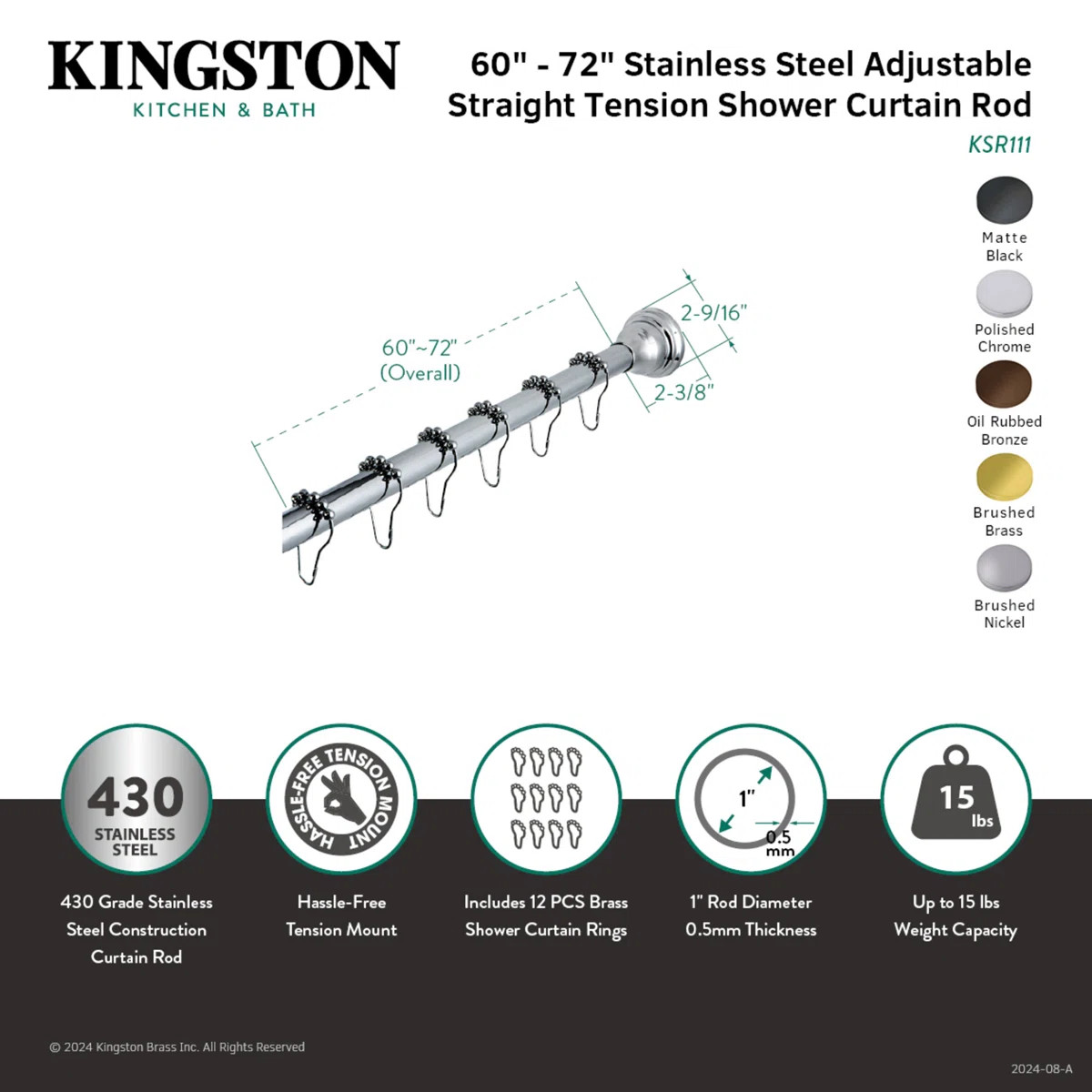 Kingston Brass Edenscape 60-Inch to 72-Inch Adjustable Shower Curtain Rod with Rings Combo | Wayfair North America