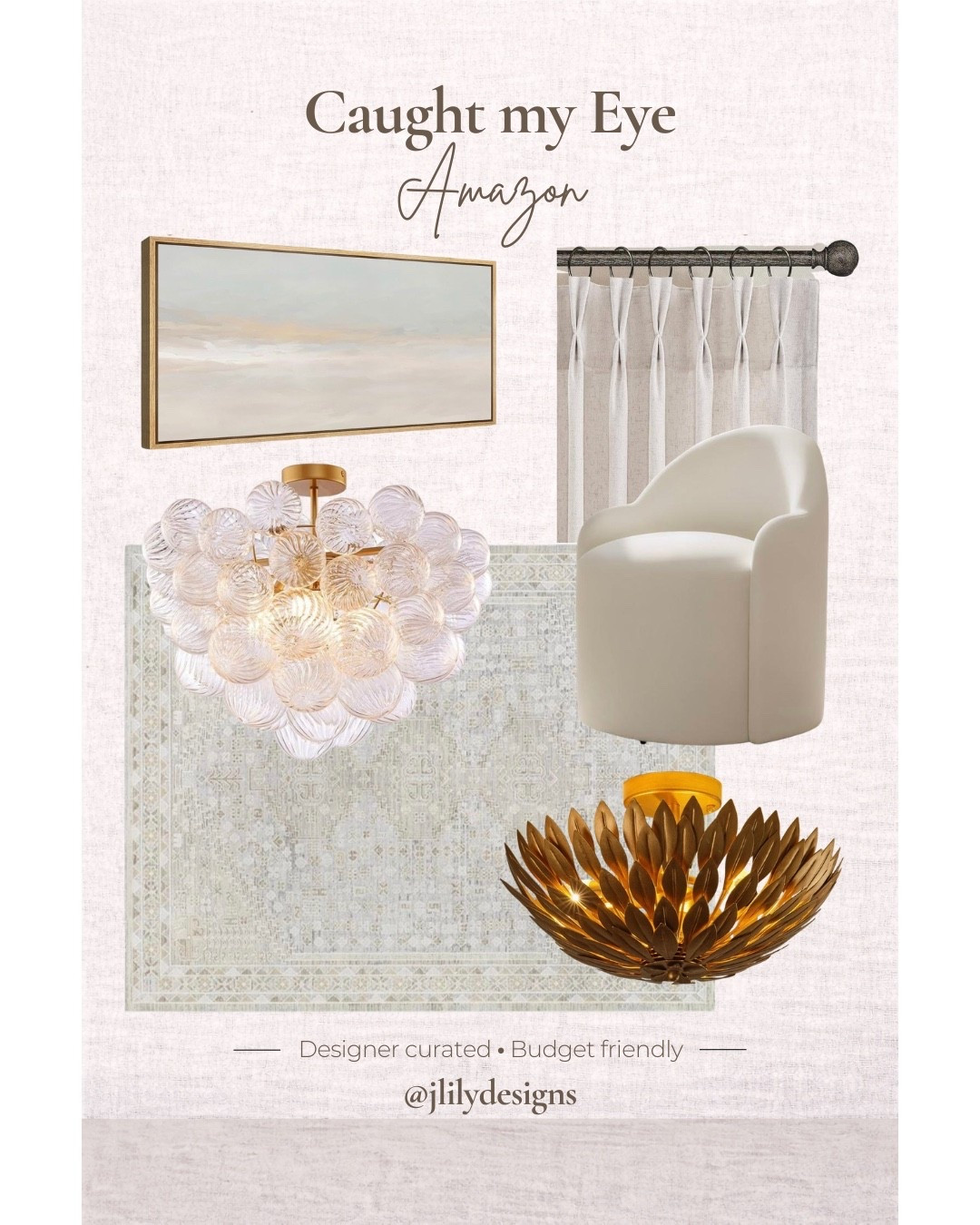 Here’s some recent finds that have caught my eye! All Amazon, all amazingly less expensive than designer labels. Especially the pinch pleats which start at $20 for 84”!

Livabliss by Becky Owens, Bubble chandelier, gold coastal leaf dome light, upholstered rolling dining barrel chair, pinch pleat curtains, muddecor sunset art.

#LTKHome