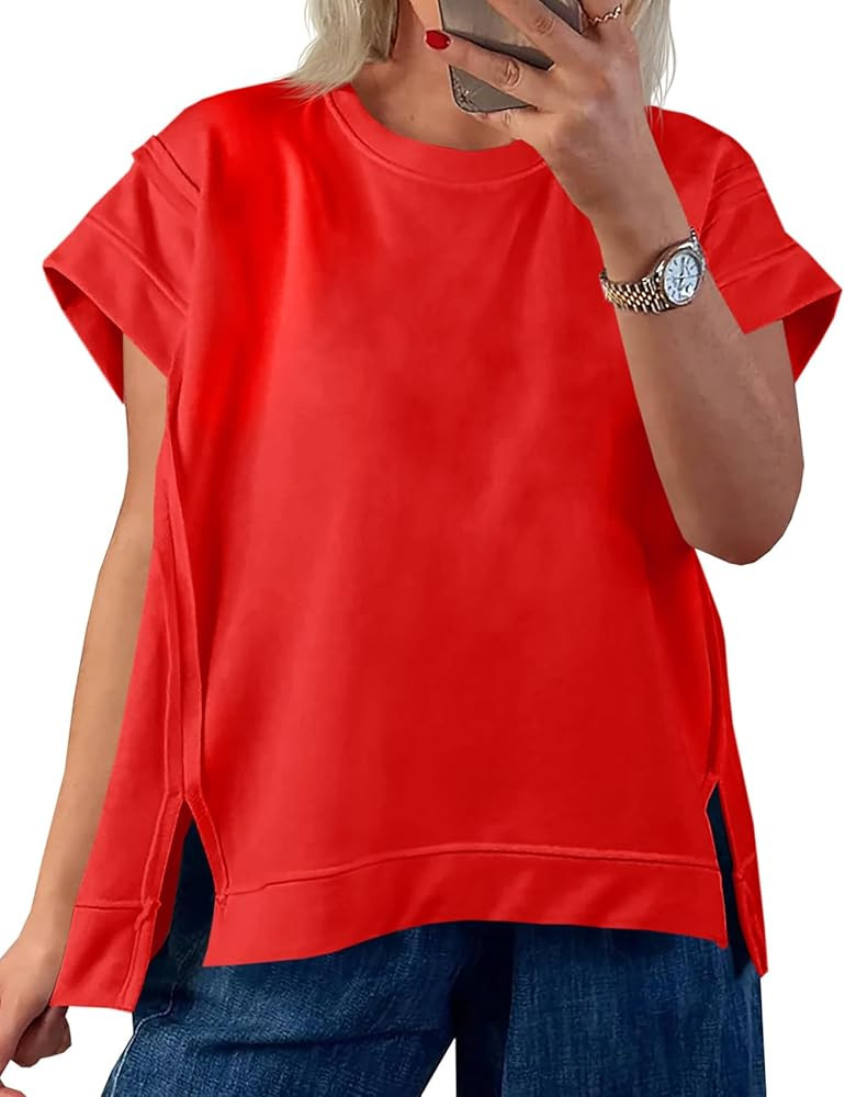 Tankaneo Womens Oversized Short Cap Sleeve T-Shirts Crew Neck Side Slit Tops Summer Casual Loose ... | Amazon (US)