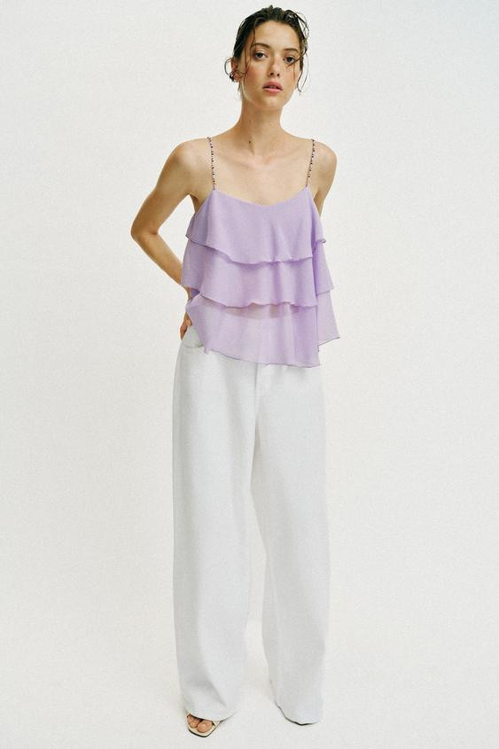BEADED RUFFLE STRAP TOP | Zara US