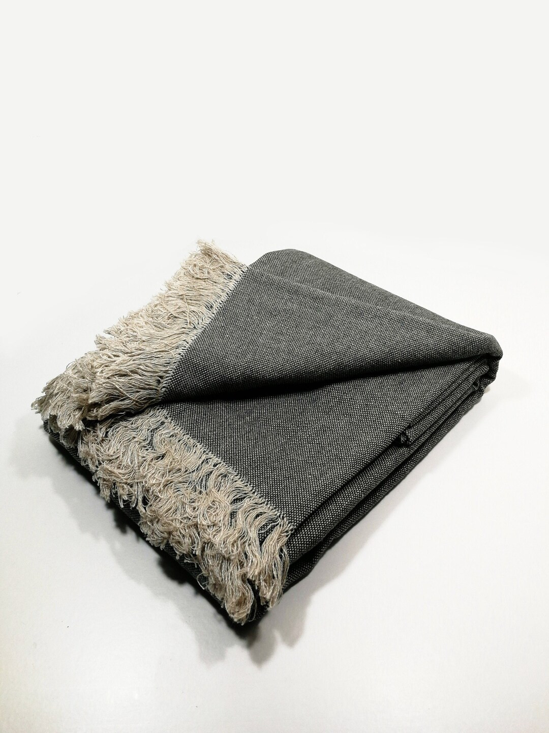 Linen Cotton Blend Blanket, Fringed Blanket, Gray Beige Linen Throw, Thick Heavy Linen Blanket, L... | Etsy (US)