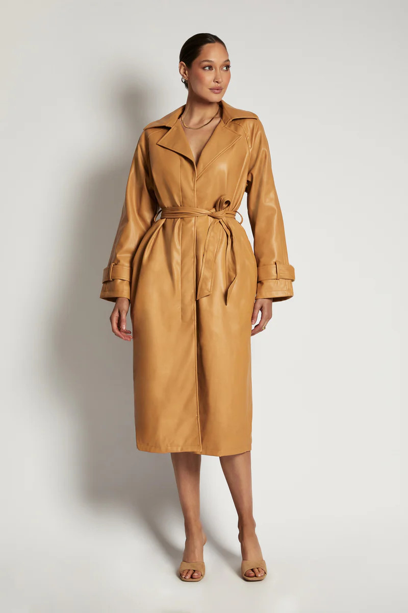 Stassie Faux Leather Belted Trench Coat - Tan | MESHKI US