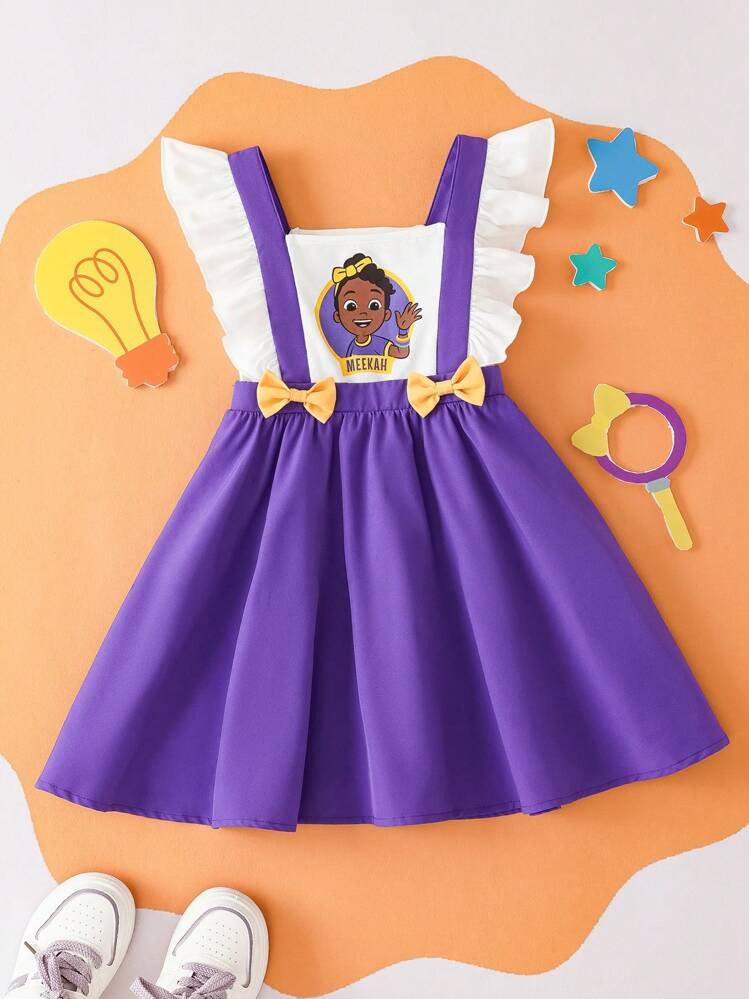 Blippi X SHEIN Young Girl Summer Cute Yellow Bow & Purple Strap Short Sleeve Dress | SHEIN