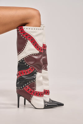 AKIRA Gold Vessae Patchwork Stiletto Boot | Black | Size 7 | AKIRA