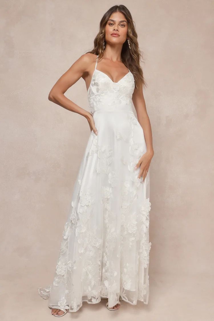 Profound Elegance Ivory 3D Floral Embroidered Maxi Dress | Lulus