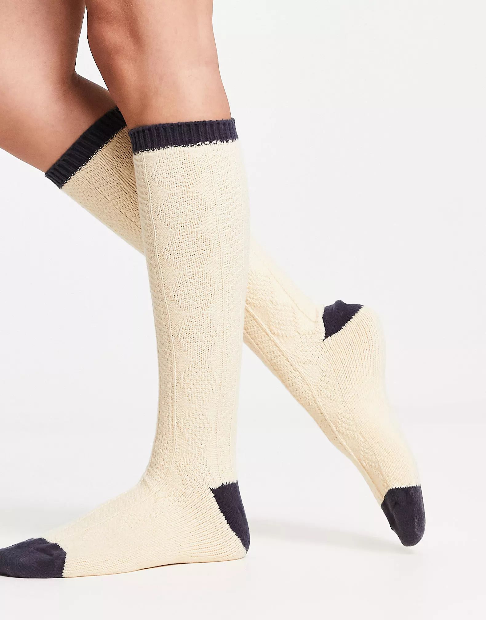 Free People cable slouchy socks in ivory and navy | ASOS (Global)