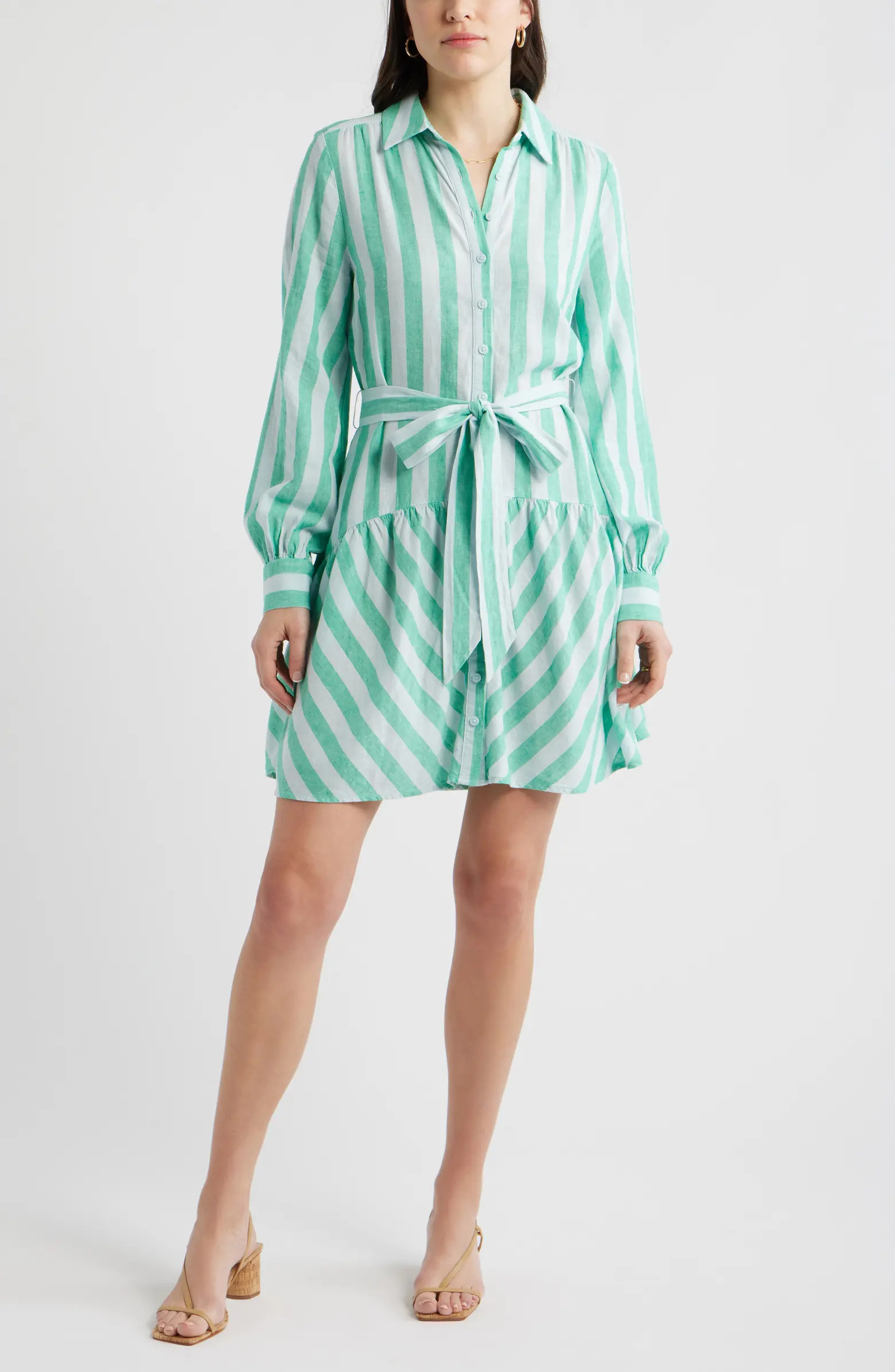 Long Sleeve Linen Blend Mini Shirtdress | Nordstrom