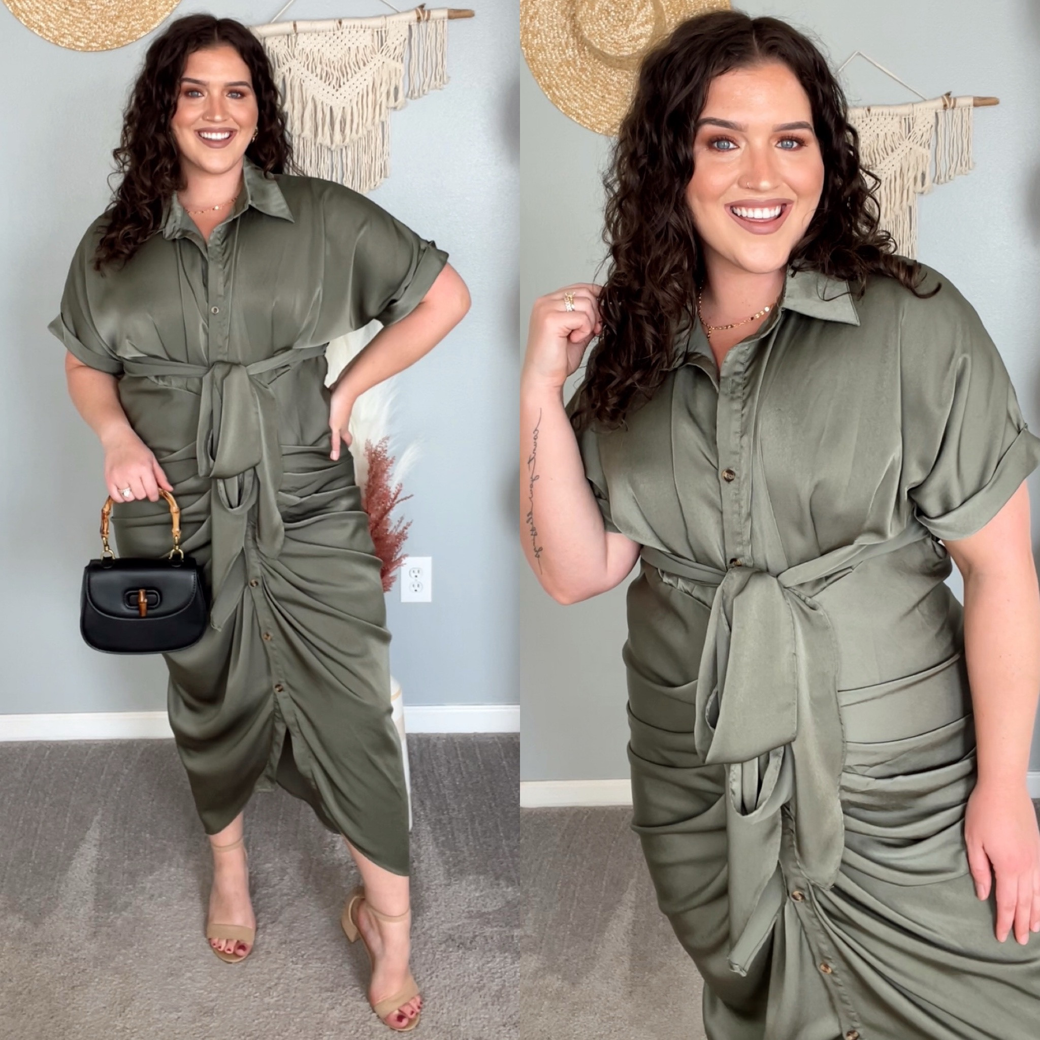 Curvy satin button down elegant Amazon maxi dress 🌿🥂✨ Holiday wedding guest outfit 
Size: XL 
#midsizeoutfits #ootn #weddingguest #heels #clutch #purse #formalwear #maxidress 

#LTKmidsize #LTKHoliday #LTKwedding