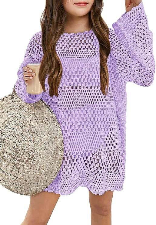 Girls Long Sleeve Swim Coverups Kids Fashion Crochet Beach Dress 5-14 Years | Amazon (US)